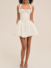 White Embroidery Halter Mini Dress