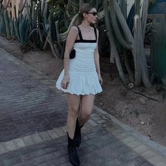 Ruched Puff White Textured Mini Dress