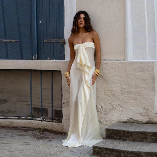 White Satin Front Tie Strapless Maxi Dress