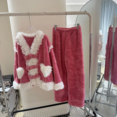 Pink Fur Plush Shirt And Pants Sleepwear Set