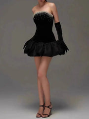 Black Velvet Rhinestone Mini Strapless Dress