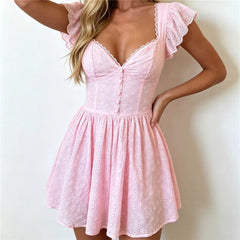 Eyelet Embroidery V-Neck Ruffle Cap Sleeve Mini Dress