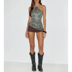 Sequin Halter Asymmetrical Hem Top