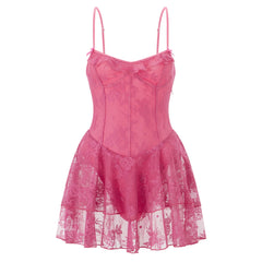 Lace Floral Tiered Ruffle Hem Short Dress