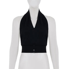 Black Halter Cowl Buttoned Crop Top