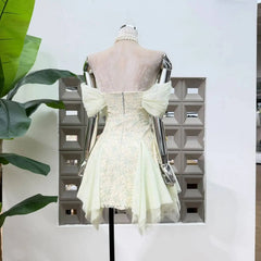 Off-shoulder Corset Mesh Pleated Patchwork Mini Dress