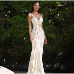 Satin Flowers Ruffles Long Dress