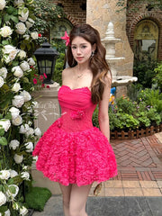 Strapless Flower Textured Bubble Ruffle Mini Dress