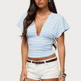 Striped Deep V Neck Flutter Short Sleeve Top