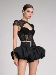 Lace Sheer Corset Crop Top And Wide Belt Bubble Hem Skirt Set