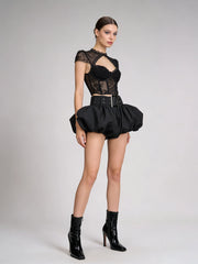 Lace Sheer Corset Crop Top And Wide Belt Bubble Hem Skirt Set