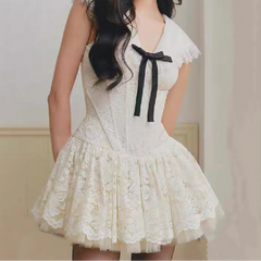 Lace Bow Lapel Collar Sleeveless Dress