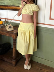 Round Neck Long Sleeve Crop Top And Low Waist Midi A Line Skirt Two Piece Set