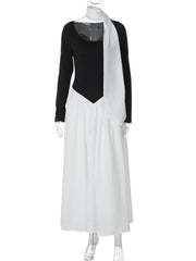 Long Sleeve Contrast Flare With Neck Scarf Maxi Dress