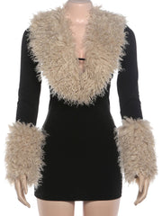 Black Long Sleeve Faux Fur Trim Mini Bodycon Dress
