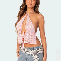 Women's sequin knitted tie up backless tank top.