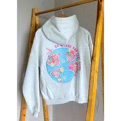 Women's grey flower letter embroidery hoodie with a loose fit and kangaroo pocket.