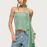 Sequin Knit Tube Top with Long Neck Scarf