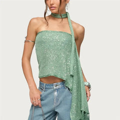 Sequin Knit Tube Top with Long Neck Scarf
