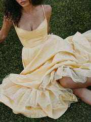 Yellow Satin Tulle Bustier Maxi Dress