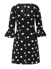Black Polka Dot Print Three Quarter Sleeves Mini Dress