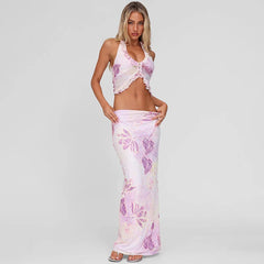 Mesh Print Halter Tank Top And Maxi Skirt Set