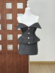 Grey Stripe Patchwork Buttons Lace-up Top And Mini Skirt Set