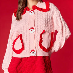 Pink Satin Button Ruffle Pocket Cardigan