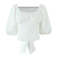 White Quarter Puff Sleeve Back Bow Top