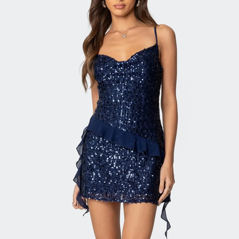 Navy sequin dress with ruffled hem