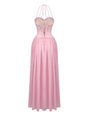 Halter Neck Lace Corset Tie Patchwork Long Dress