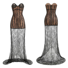 Black Lace Corset Sheer Removable Hem Maxi Dress