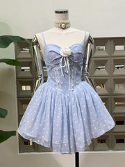 Polka Dot Corset Spaghetti Strap 3D Flower Flared Mini Dress