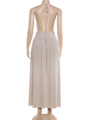 Halter Open Back Slit Button Applique Strap Maxi Dress