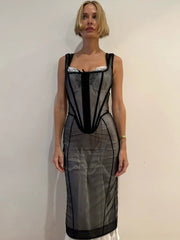 Mesh Double-Decker Lace Midi Dress