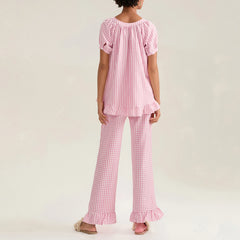 Plaid Puff Sleeve Shirt And Pj Pants Set