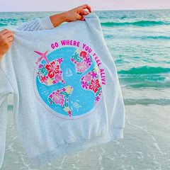 Women's grey flower letter embroidery hoodie with a loose fit and kangaroo pocket.