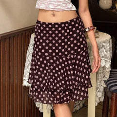 Brown Multi-layers Polka Dot Midi Skirt