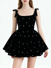 Bowknot Square Neck Sleeveless Beaded Mini Dress