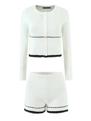 White Knit O-Neck Long Sleeve Top And Low Waist Shorts Set