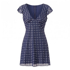 Blue Polka Dot Cap Sleeve Waist Tie Mini Dress