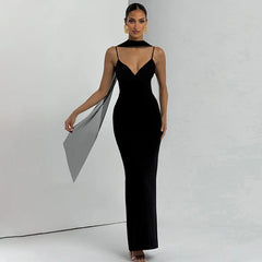 Strappy Solid V-Neck Maxi Dress With Scarf