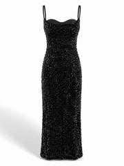 Black Sequin Spaghetti Strap Cowl Neck Midi Dress