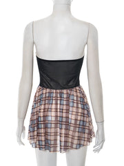 Plaid Mesh Patchwork Strapless Mini Dress