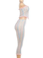 Colourful Stripe Ruffles Edge Crop Top And Capri Pants Set