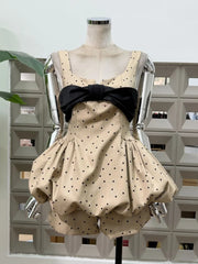 Polka Dot Bow Embellished Bubble Hem Mini Dress With Shorts
