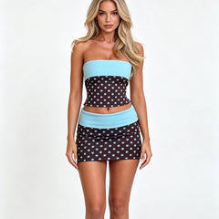 Blue Polka Dot Fold Over Tube Top And Mini Skirt Set