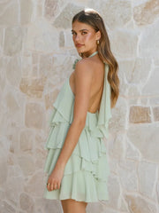 3D Flowers Ruffled Halter Tiered Mini Dress