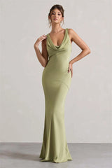 Satin Cowl Neck Backless Maxi Dress