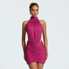 Bodycon Ruched Open-Back High-Neck Mini Dress